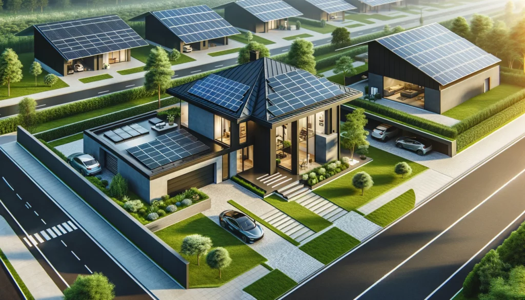 Modern residential solar installation with rooftop panels, ground-mounted array, and solar carport.