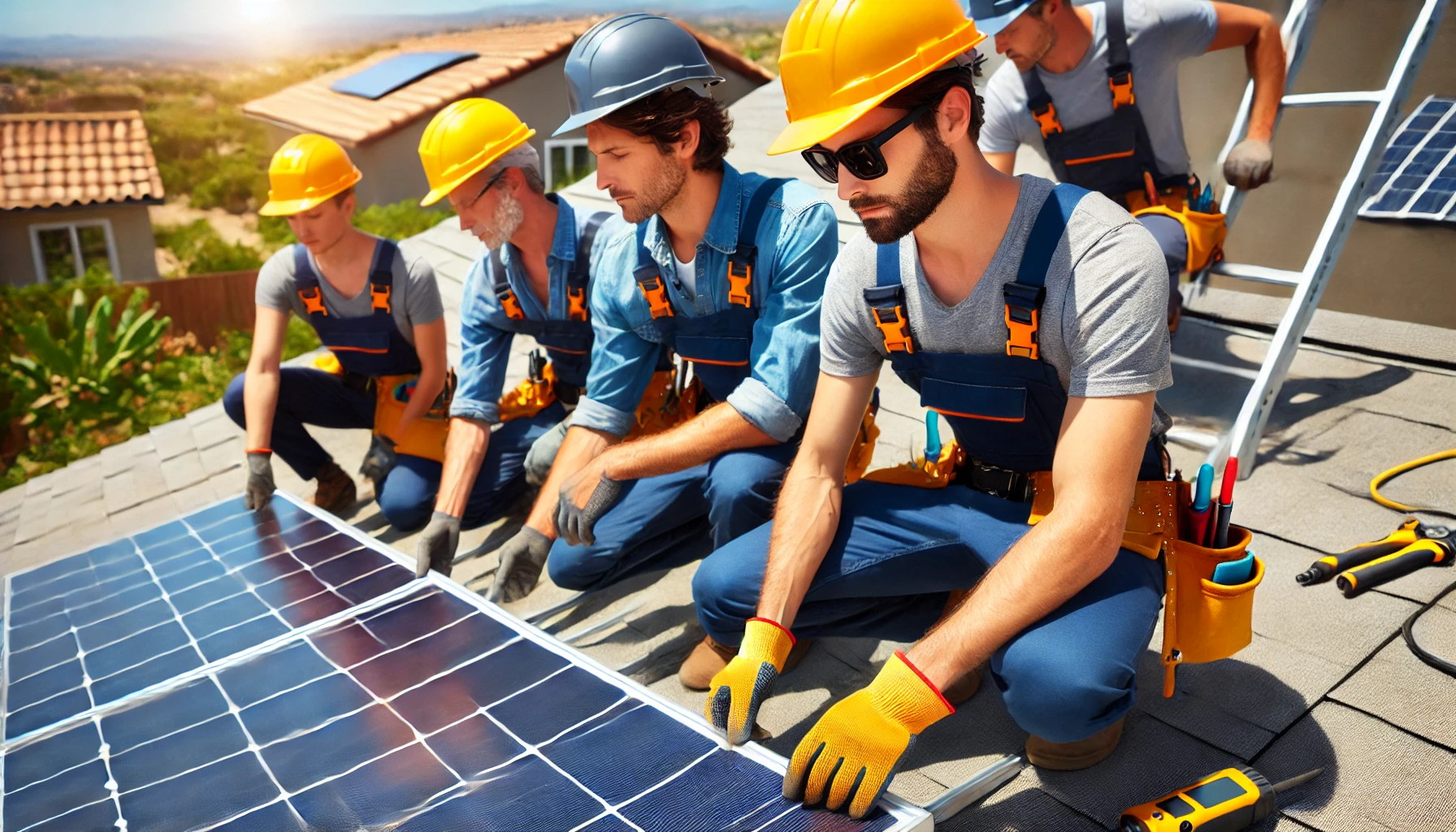 professional team of solar installers working on a residential rooftop.
