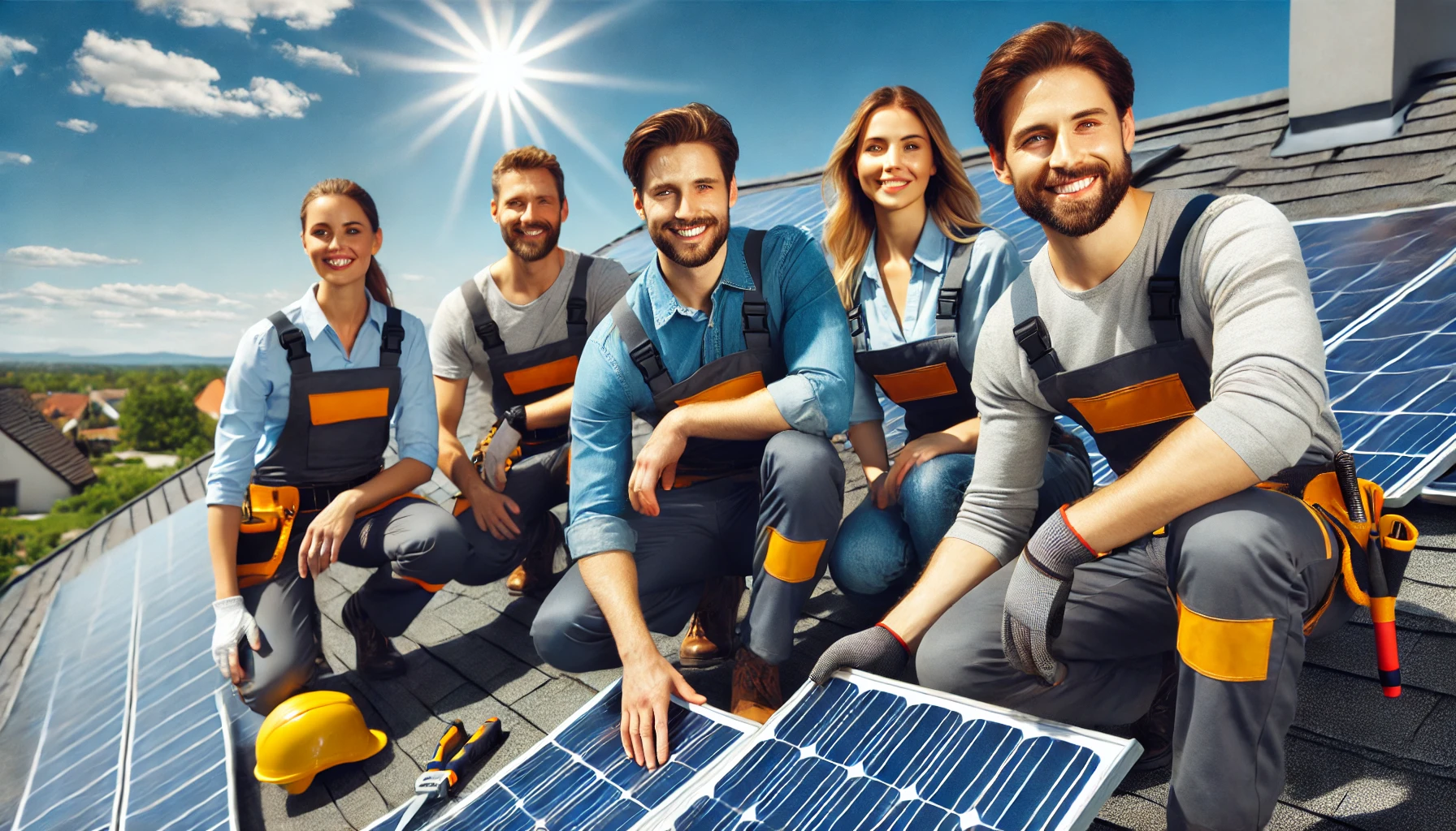 team of solar installers working on a residential rooftop